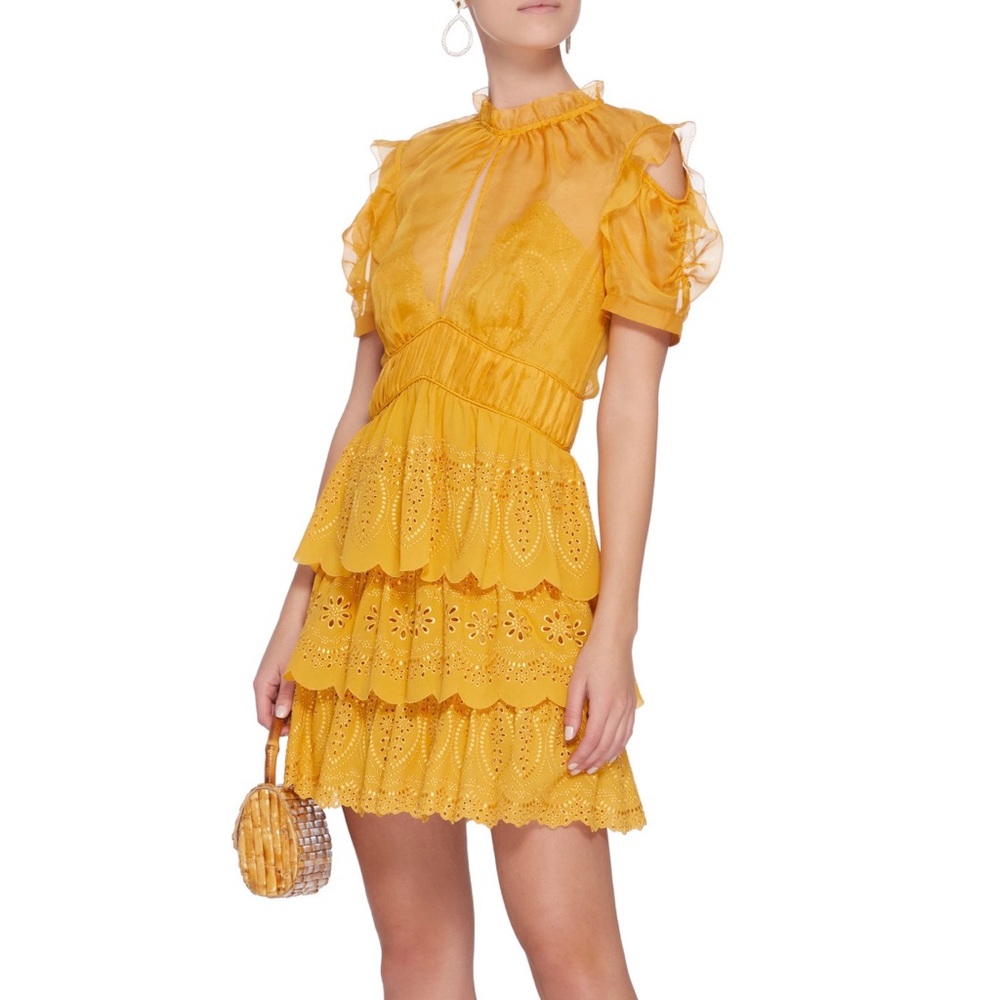 Self Portrait Tiered Mini Dress Yellow Marigold
